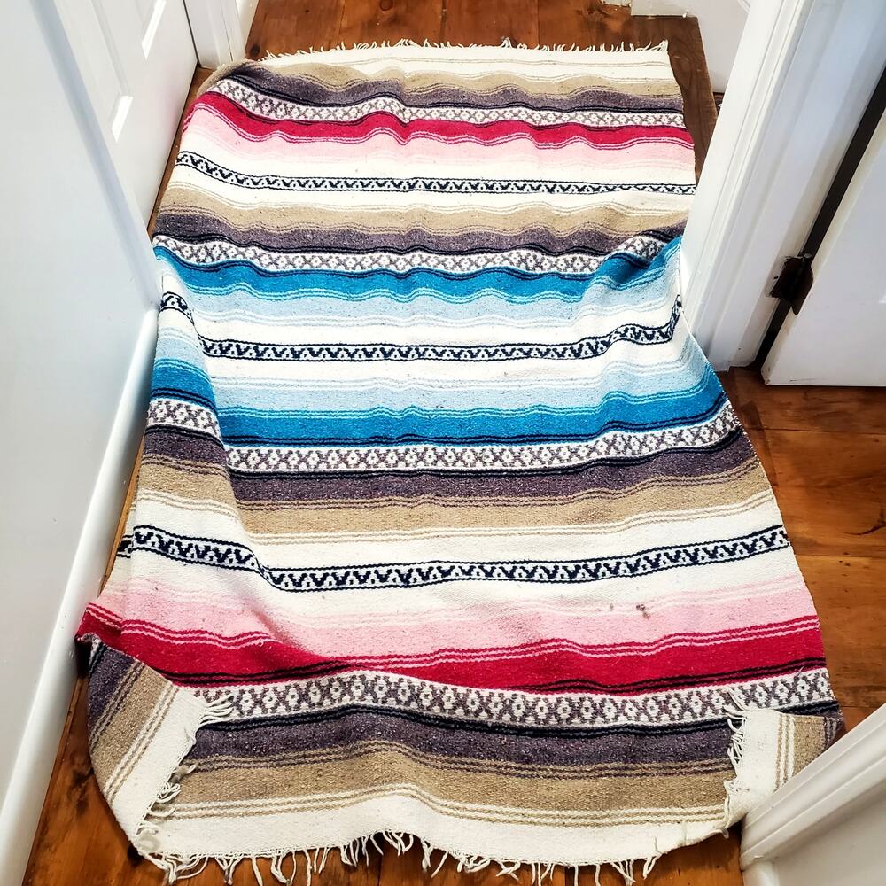 Vintage Falsa Blanket Mexican Throw Blanket 72x47 Beige Blue Red Stripes